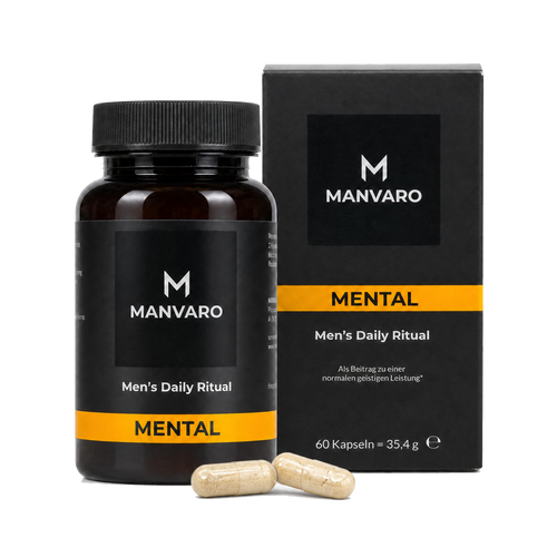 MANVARO MENTAL Dose und Verpackung mit gelbem Schriftzug; davor liegen zwei Kapseln auf weißem Hintergrund.